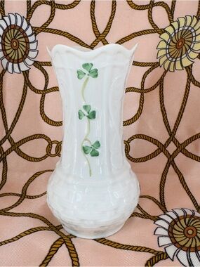 Vintage Belleek Shamrock Bud Vase - Irish with Basket Weave Motif Fine China